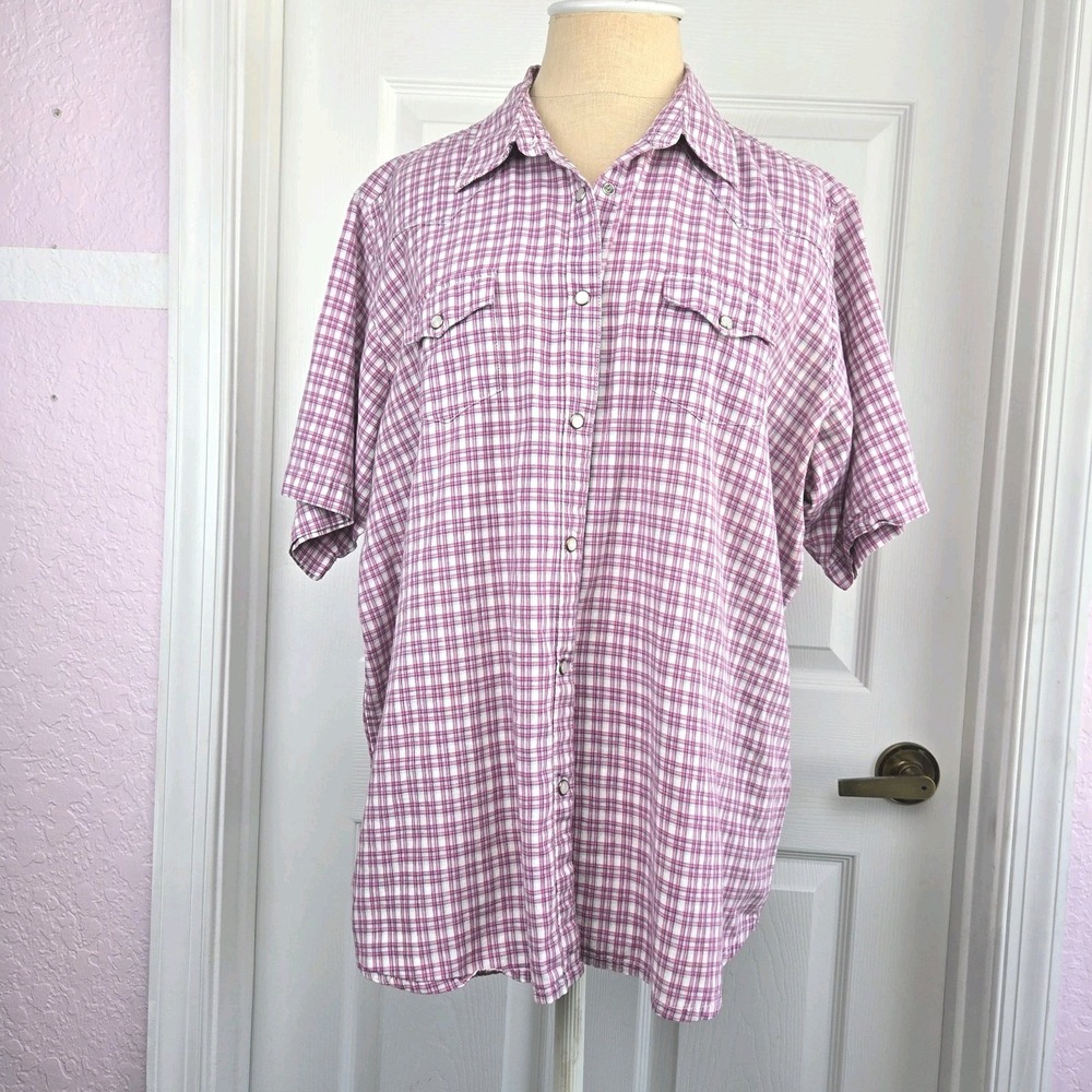 Wrangler Blues‎ Womens Pearl Snap Pink Plaid Short Sleebe Shirt Size 3XL Cotton